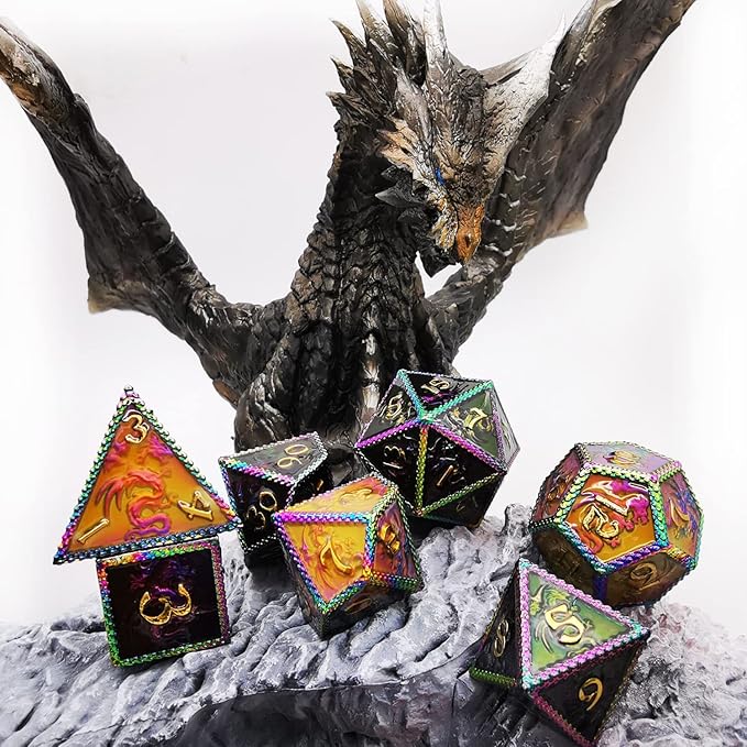 HAOMEJA Color Changing Temperature Metal Dragons DND dice set D&D dice Set Role Playing Dice Apply to Dungeons and Dragons Black Transition Colourful