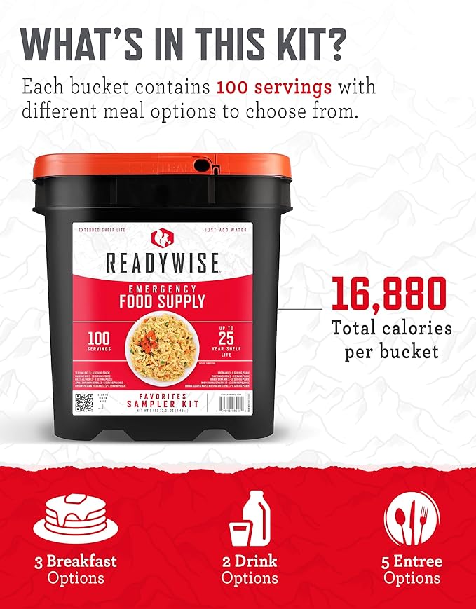 ReadyWise Entrée Bucket - 100 Servings, Emergency Food Supply, Survival Kit, Protein Meals, Dehydrated & Freeze Dried Prepper Food for Camping Essentials Supplies, up to 25 Year Shelf Stable Life
