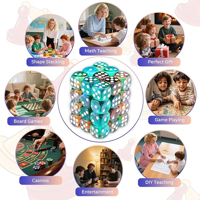 36 Pieces 12mm 6 Sided Mini Dice Set,Two Colours Glitter D6 Game Dice Set,6 Sided Standard Game Dice for Board Games Dice Games Classroom Teaching Dices Game,with Portable Gaming Box(Orange & Green)