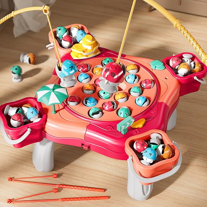 Magnet Fishing Game for Kids Toddlers Aged 3 4 5 6 7 8 - Fishing Toys with 48 Fishes Toys, 8 Poles, Rotating Board Game with On-Off Music, Educational Birthday Gifts for Boys Girls 1-3 (Pink)