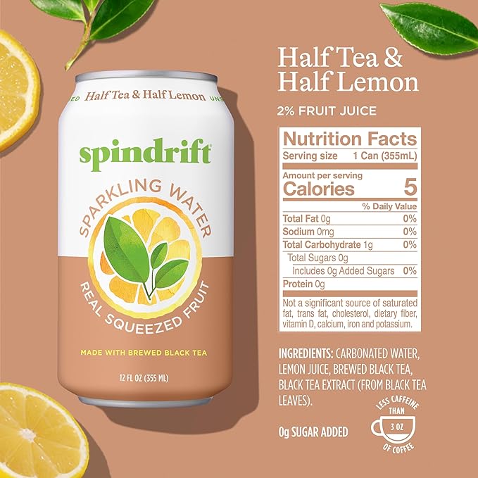 Spindrift Sparkling Water, Half Tea & Half Lemon Flavored, Made with Real Squeezed Fruit, 12 Fl Oz Cans, Pack of 24 (Only 5 Calories per Can)