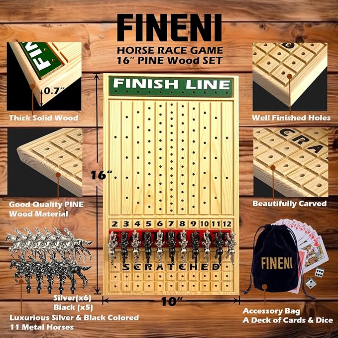 Horse Racing Game for Adults, Luxurious Metal Horses (Silver, Black) on 16' Pine Wood Board, Dice & Card Included