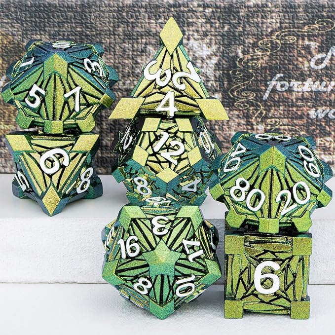 7PCS Metal DND Dice Set with Box, Debris RPG Green Yellow D and D Dice for use with D&D Tabletop Games Role Playing Game Polyhedral Dice Set D20 D12 D10 D8 D6 D4