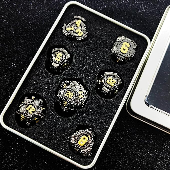 Geakeeper Construct D&D Dice, Metal DND Dice Set, 7Pcs Polyhedral Dragon Metallic D&D Dice with Gift Case for Dungeons and Dragon Game, RPG Role Playing Table Game Gifts (Black Gold)