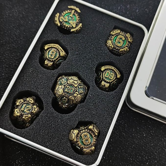 Geakeeper Construct D&D Dice, Metal DND Dice Set, 7Pcs Polyhedral Dragon Metallic D&D Dice with Gift Case for Dungeons and Dragon Game, RPG Role Playing Table Game Gifts (Rolling Green)