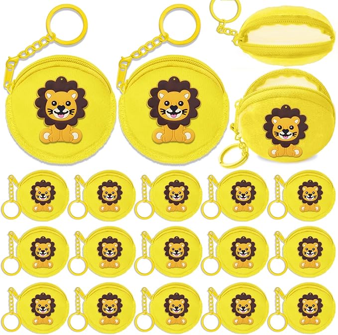 15 Pack Lion Mini Coin Purse with Keyrings for Lion Themed Goodie Bag Stuffer, Present for Lion Jungle Safari Animals Wild ONE Baby Shower Party Supplies,Yellow
