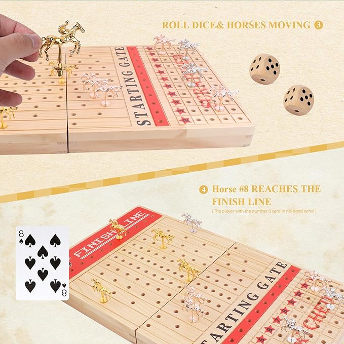 Horse Racing Board Game Set for Adults , 21-Inch Foldable Solid Wood Adult Board Games with 11 Metal Horses, 2 Dice, and 2 Boxes of Cards for Adults Family Game Night Tabletop Game Party