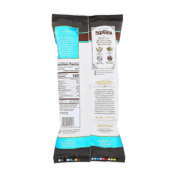 Unique Snacks Extra Salt Splits Pretzels, Original Split-Open Pretzels, Delicious Homestyle Baked Snack Bag, OU Kosher, and Non-GMO Food, No Artificial Flavor, 11 Oz. Bag, Pack of 12