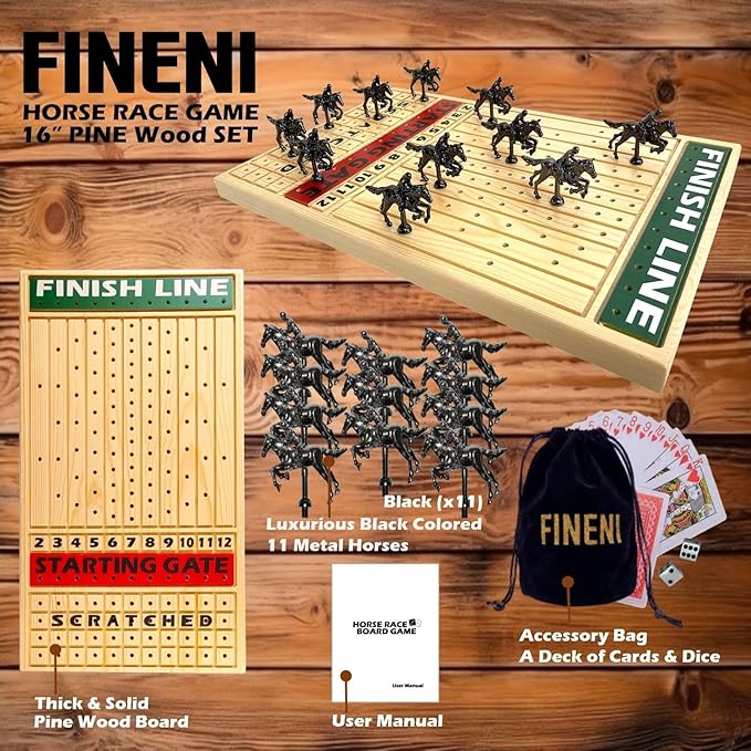 Horse Racing Game for Adults, Luxurious Metal Horses (Black) on 16' Pine Wood Board, Dice & Card Included