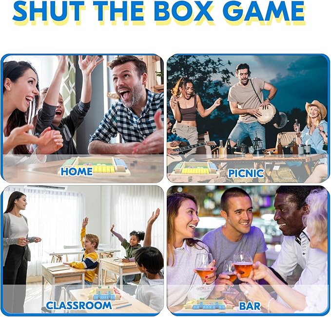 2 Pack Shut The Box Game, 2-4 Play Wooden Dice Math Games for Adults and Kids, Shut The Box Board with 8 Dices for Classroom, Home, Party, Pub