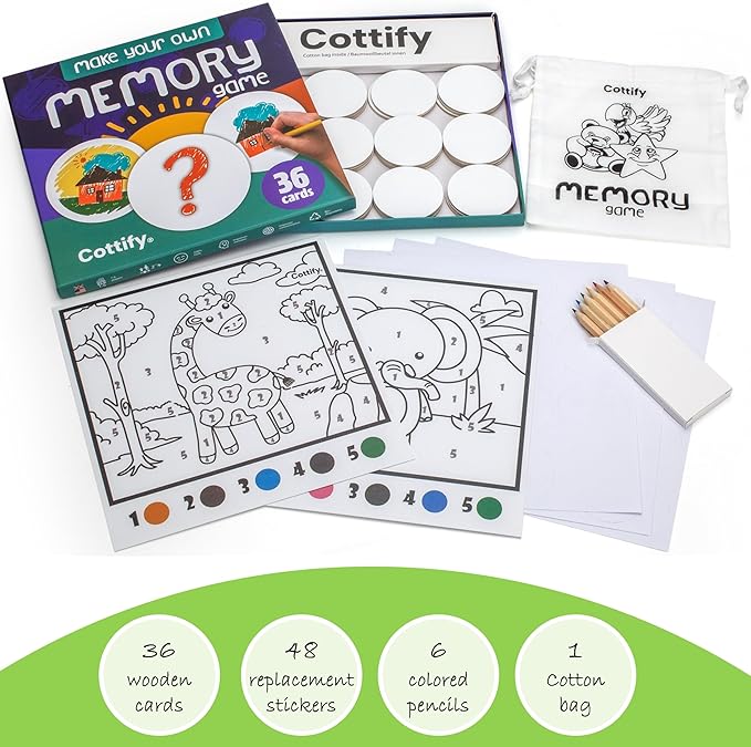Create Your Own Memory Game 36pc Art & Craft Kit, Durable & Scratch-Resistant Blank Wooden Cards, Replacement Stickers, Matching Games for Toddlers 3-5 and Up, Blank Board Game