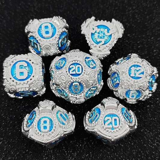 Geakeeper Construct D&D Dice, Metal DND Dice Set, 7Pcs Polyhedral Dragon Metallic D&D Dice with Gift Case for Dungeons and Dragon Game, RPG Role Playing Table Game Gifts (Blue Silver)