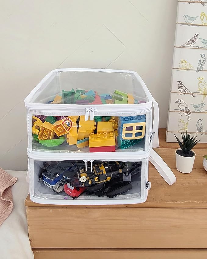 holay 2 Pack Storage Bins PVC Boxes with Transparent Lid & Handles - Durable & Foldable - Multi-Purpose Organizer for Clothes, Books, and More (White, Medium)