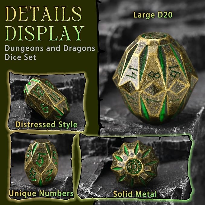DND Metal Dice Set, ZHOORQI 7 Pcs Polyhedral Dice, Perfect for Dungeons and Dragons, RPG Role Playing Games - Unique Cool Dice with Stonehenge Themed Design for Game Gifts(Bronze Green)