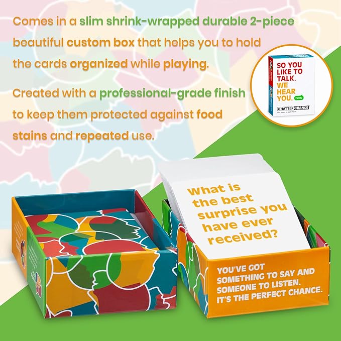 ChatterChance Family: Conversation Card Games - Family Fun Game for Day & Night Party or Car Road Trip - 80 Thought Provoking Family Questions - Deck of Question Cards Gift for Kids, Teens & Adults