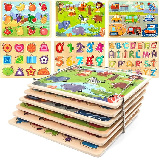 Wooden Puzzles for Toddlers with Storage Rack, WOOD CITY Toddler Puzzles Ages 3-6 for Kids, Learning Preschool Wood Puzzle for Boys and Girls-6 Pack Alphabet Number Shape Fruit Animal Vehicle