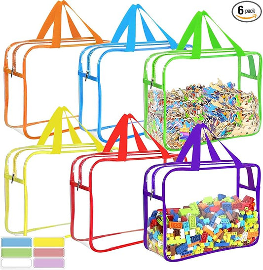 OPELETNNT 6 Color Large Toy Storage Bags with Labels, Reusable Clear PVC Board Game Storage, Travel Waterproof Organizer Bags with Zipper for Building Blocks, Puzzle, Kids Books