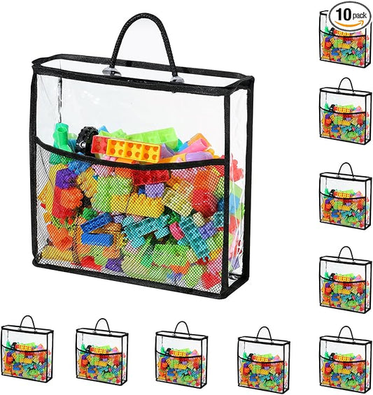 10 PCS Clear Zippered Toy Storage Bags with handle, Kids Toy Storage Organizer with Mesh Pocket for Instructions, Playroom Toy Organizer Plastic Storage Bags for Blocks Set Puzzles,Small Toys