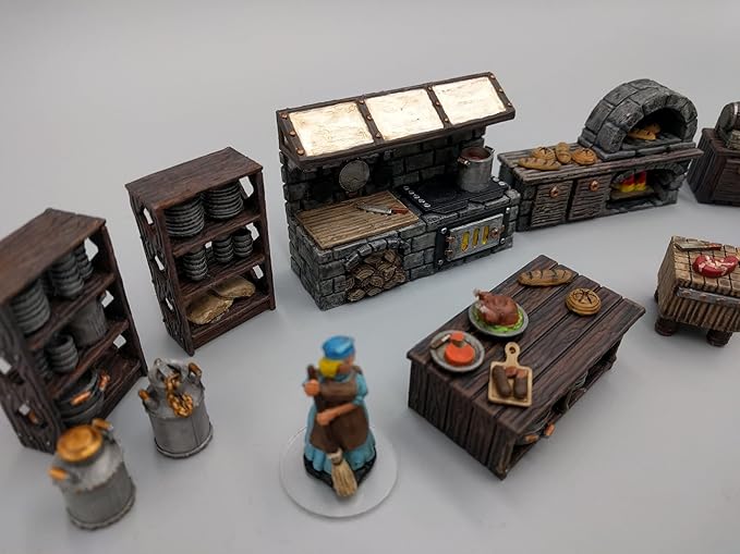 Inn and Tavern Kitchen Furniture Set DND Terrain 28mm for Dungeons and Dragons, D&D, Pathfinder, Warhammer 40k, RPG, Miniatures, Age of Sigmar, Tabletop, D and D, Dungeons and Dragons Gifts