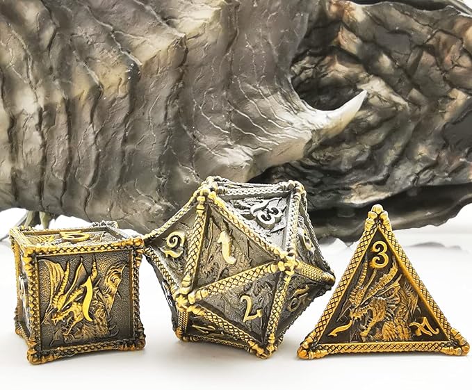 HAOMEJA Dice DND Metal Dragon Set Dice 7 Role Playing Dice D&D Solid Dice Dungeons and Dragons (Ancient Brass)