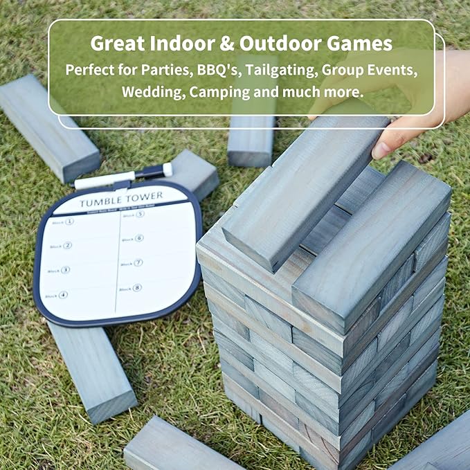 ApudArmis 54 PCS Tumble Timber Set Stack to 3FT, Pine Wooden Tumble Tower Game with Dice and Scoreboard Set - Classic Block Stacking Board Game for Teens Children Teenagers (Gray)