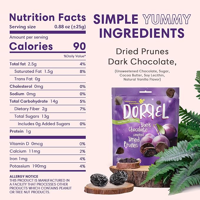 DORREL - Belgian Dark Chocolate Covered Dried Prunes, High Energy Vegan Choco Snack, Delicious, Kosher & Non-GMO, Pack of 3 Dark Chocolate Fruit Bites, 8.8 oz / 250 g Ea