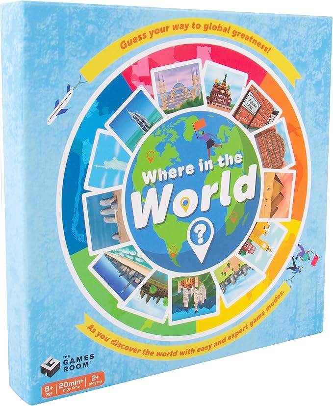 Fizz Creations Where in The World? Game. Put Your Geographical Knowledge to The Test. Use Your Skills to Match Flags, Locate Landmarks and Countries on The Map. Trivia Fun Board Games.