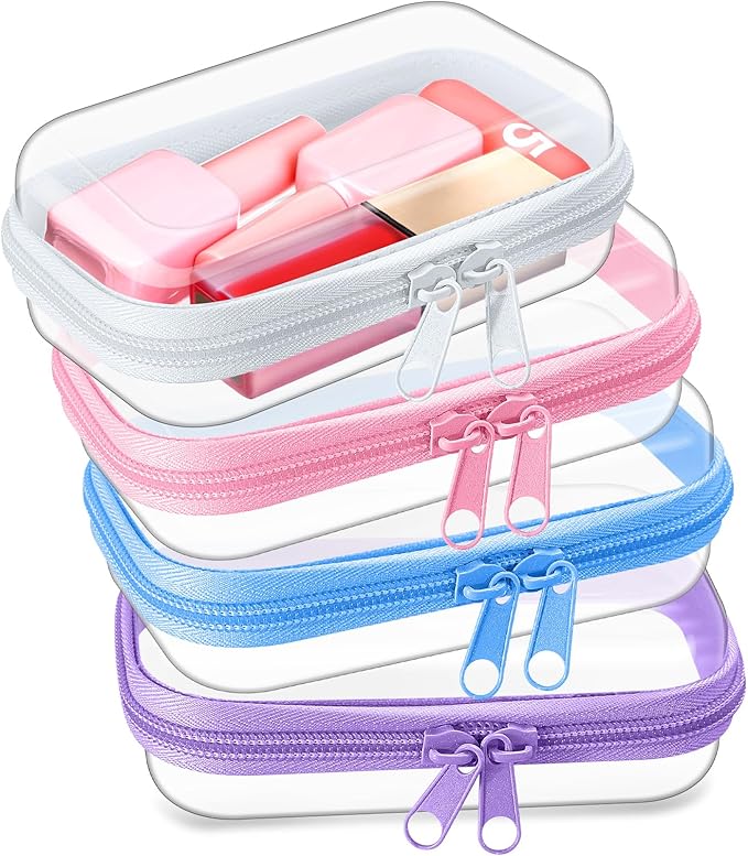 Hoolerry 4 Pcs Hard Clear Zipper Case Transparent Cases for Snacks Makeup Bag Plastic Storage Box Containers for Building Blocks, Puzzles, Cosmetics(Multicolor,5 x 3 x 2 in)
