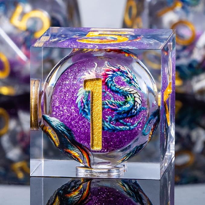 Dragon Pattern Liquid Core DND Dice Set, 7Pcs Sharp Edge Dice with Gift Box, Purple Resin Dungeons Dragons D and D Role Playing Dice D20 D12 D10 D8 D6 D4