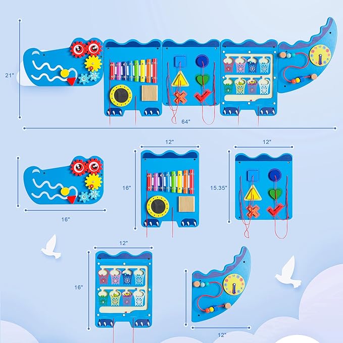 Crocodile Sensory Toys Activity Wall Panels, Educational Montessori Busy Board for Toddlers, Activity Cube - Sensory Wall, Wooden Learning Toys, Interactive Toy, Blue