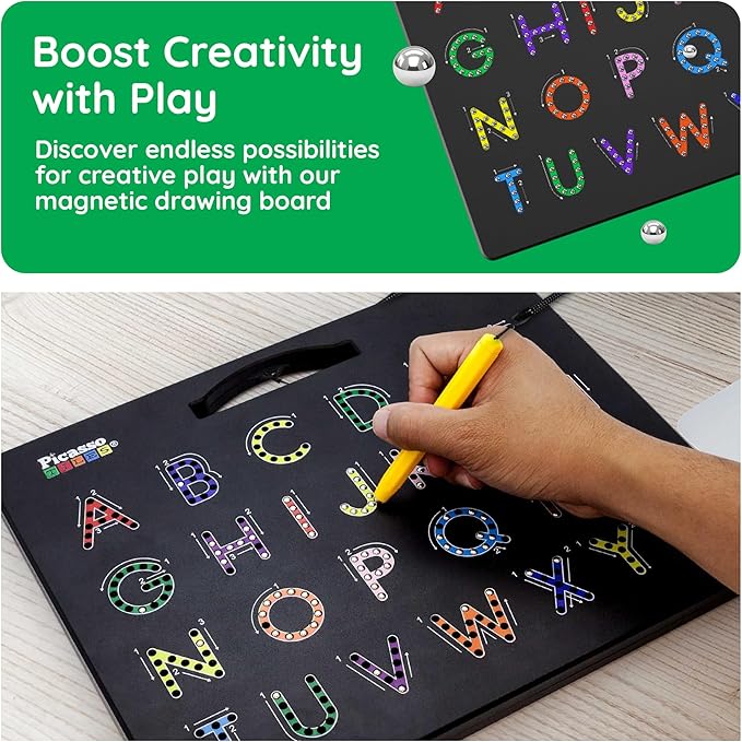 PicassoTiles 2-in-1 Magnetic Drawing Board Toy 12x10 inch Large Magnet Bead Tablet Pad with 2 Facings Alphabet+ Math STEM Free Style Educational Erasable Learning Writing Playboard in Black PTB02