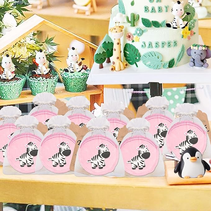 36 Pack Zebra Change Purses Set Include 12 Wallets with Keyring,12 Thank You Tags and 12 Organza Bags for Zebra Safari Jungle Grassland Party,Baby Shower Birthday Decor, Pink