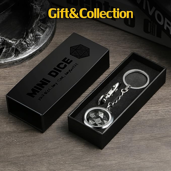 Mini DND Dice,DNDND 6mm Metal Dice Set with Kyechain Silver Stailess Steel Case and Gorgeous Gift Box for Dungeons and Dragon D&D Game (Iron with Silver Case)