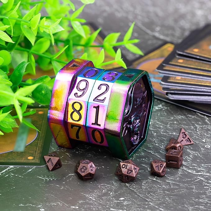 MTG Life Counter Wheel Metal Life Counter MTG Tracker, Mini Dice Set, Gift Box Packaging for Cards, MTGs Compatible Board Games, DND Game Accessories (Colorful_Black)