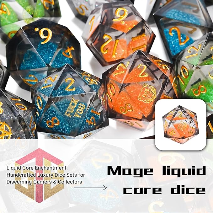 DND Dice Set - Handcrafted Liquid Core Sharp Edge 7-Die Resin Dice with Colorful Quicksand Effect,for DND, RPG, MTG, Tabletop Games(BLBZE BEHR Soul)