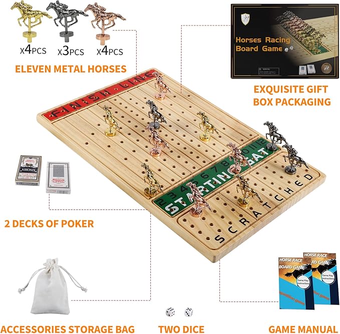 Horse Race Board Game Finish Line Racing Game with 11 Luxurious Metal Horses with 4 Dice and 2 Boxes of Cards Solid Wood Horse Racing Game Board Color Box Packaging (Small, Log Color)