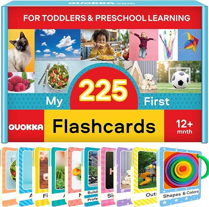 QUOKKA 225 Flash Cards for Toddlers 1-3 – Alphabet & First Words Flashcards with Rings – Toddler Educational Toys for Learning – Fun Big Size Letter Flashcards for Toddlers 3-5 Years