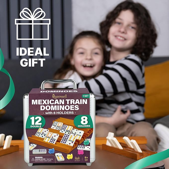 Queensell Mexican Train Dominoes Set with 8 Holders - Wooden Hub and Tiles Holders - Double 12 Tiles with Dots (D12 + 8 Holders)