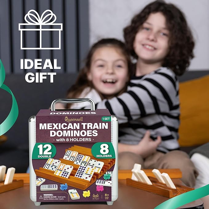 Queensell Mexican Train Dominoes Set with 8 Holders - Wooden Hub and Tiles Holders - Double 12 Tiles with Dots (D12 + 8 Holders)