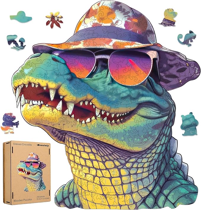 Wooden Puzzles for Adults, Glasses Crocodile Jigsaw Puzzles 200 Pieces Animal Unique Shaped Wood Cut Puzzle Gifts for Adults and Kids, Family Puzzle Games, Medium Size