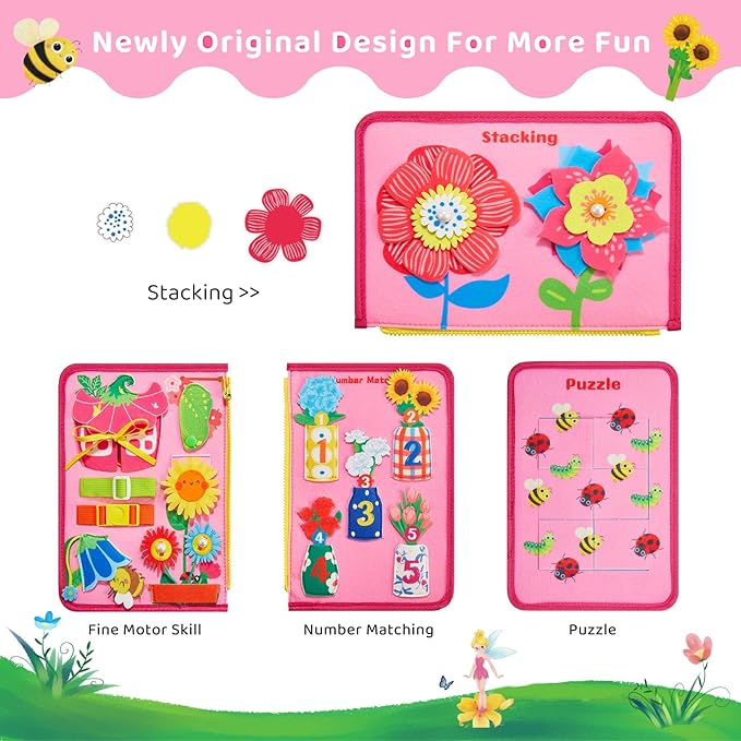 Busy Board Montessori Toys for 3 4 Year Old Girls Birthday Gifts, Educational Activity Sensory Board Preschool Learning Toys for Toddlers, Travel Toys for Airplane Car (Flower Fairy)