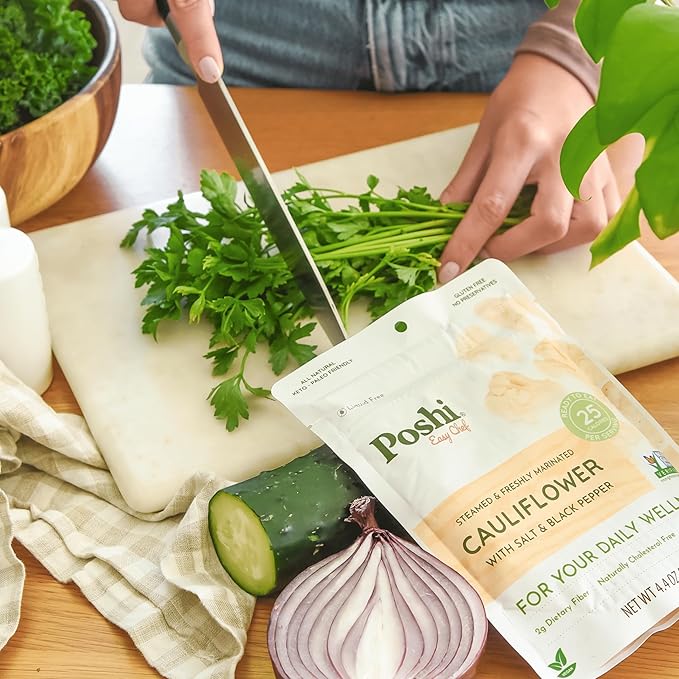 POSHI Marinated Cauliflower Florets with Salt + Black Pepper Natural, Keto, Vegan, Non GMO, Low Carb + Calorie, Gluten Free Ready to Eat Fully Cooked Vegetables, Pentry Food, Gourmet, 6 Pack, 4.4 oz