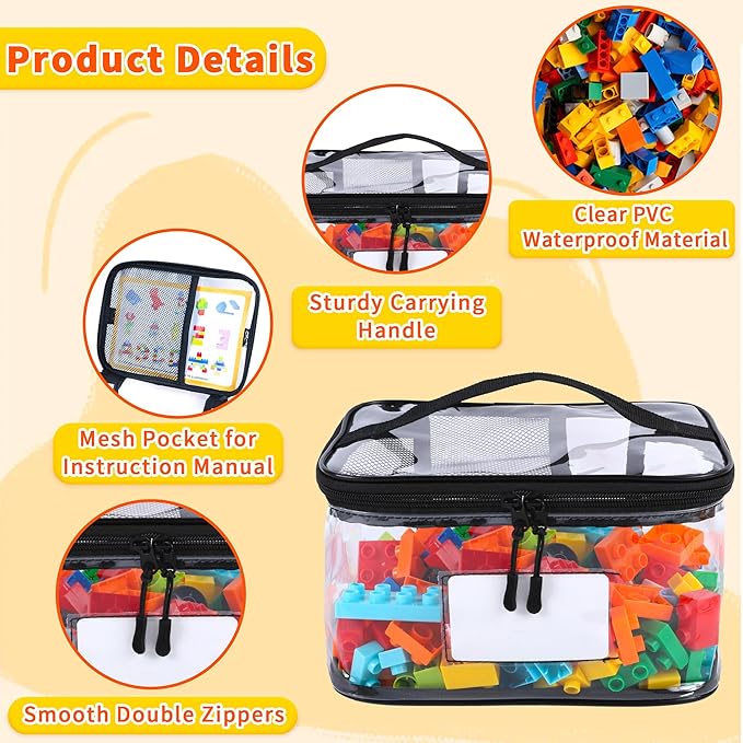 6 Packs Toy Storage Bags with Manual Pocket, Reusable Clear PVC Board Game Storage, Travel Waterproof Storage bag organizer with Zipper for Building Blocks, Board Game, Puzzle, Books
