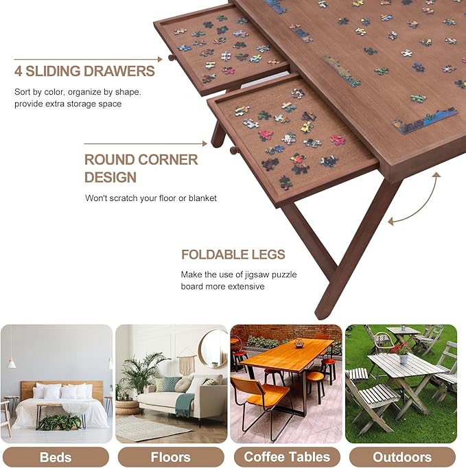 TEAKMAMA 1500 Piece Wooden Jigsaw Puzzle Board with 4 Drawers, Folding Puzzle Table with Protective Cover, Jigsaw Board with Legs, Multifunctional Game Table for Adults, 34W x 26.3D, Chocolate Brown