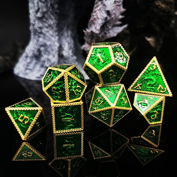 HAOMEJA Dungeons and Dragons Dice Set - D&D Metal 6 Sided Polyhedral Dice for Pathfinder MTG Board Games - D20, D12, D10, D8, D6, D4 Golden Green