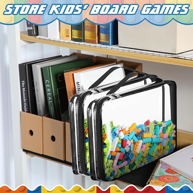 Sanwuta 12 Pcs Extra Large Toy Storage Bags 12.6 x 9 x 2.36 Inch Waterproof Toy Bags with Zipper Clear PVC Puzzles Organizing Container for Books Board Games Building Blocks Toiletry(Black)