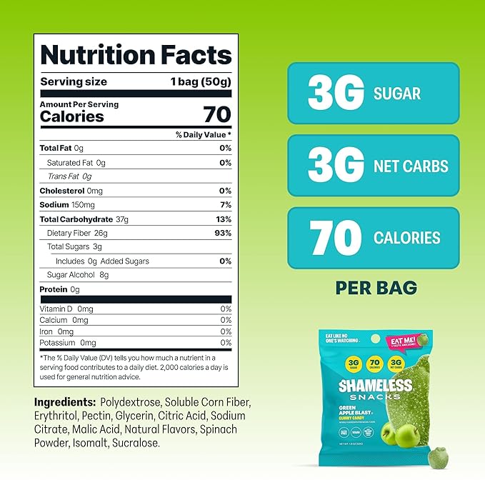 Shameless Snacks - Healthy Low Calorie Snacks, Low Carb Keto Gummies (Gluten Free Candy) - 6 Pack Green Apple Blast