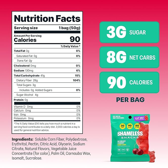 Shameless Snacks - Healthy Low Calorie Snacks, Low Carb Keto Gummies (Gluten Free Candy) - 6 Pack So Beary Cherry