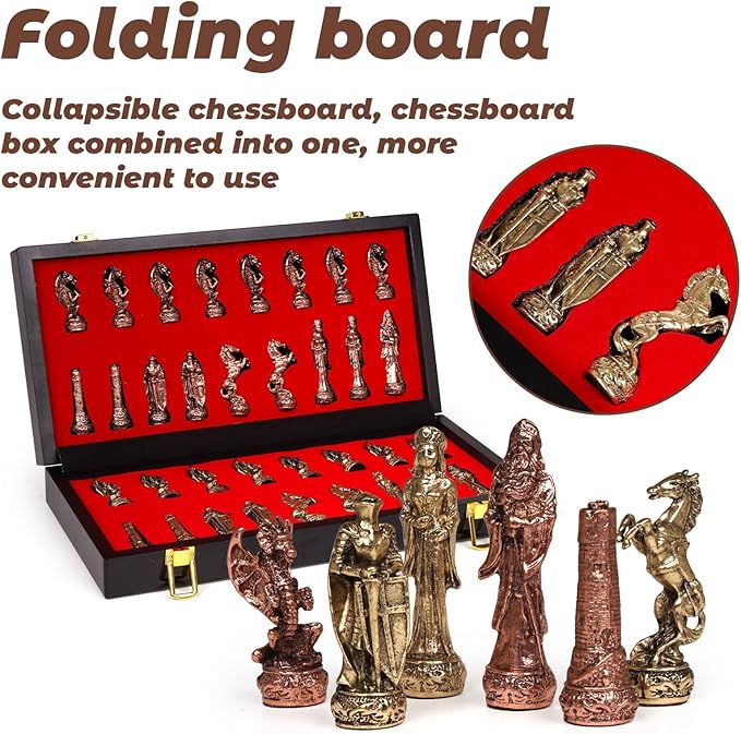 Vintage Figurine Metal Chess Set for Adults and Kids – Wooden Chess Board with Metal Chess Pieces Travel Chess Set with Metal Chessmen – Collectible Elegant Chess Game – Family Vintage Board Game