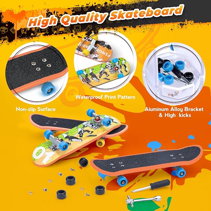 Finger Skateboards Ramp Set, 6 in 1 Fingerboard Skatepark Deck with 6 Ramps, Fingerboard Half Pipe Ramp for Kids Adults Fingerboard Training Props Interactive Freestyle Skate Game, Yellow